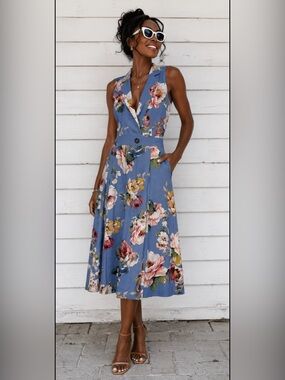 NWT Eliza J, blue and pink linen blend floral dress, women’s plus size 14.